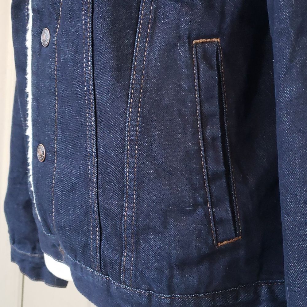 GAP Sherpa Lined Denim Trucker Jacket Dark Blue Oversized Cozy • SIZE SMALL - Picture 10 of 14